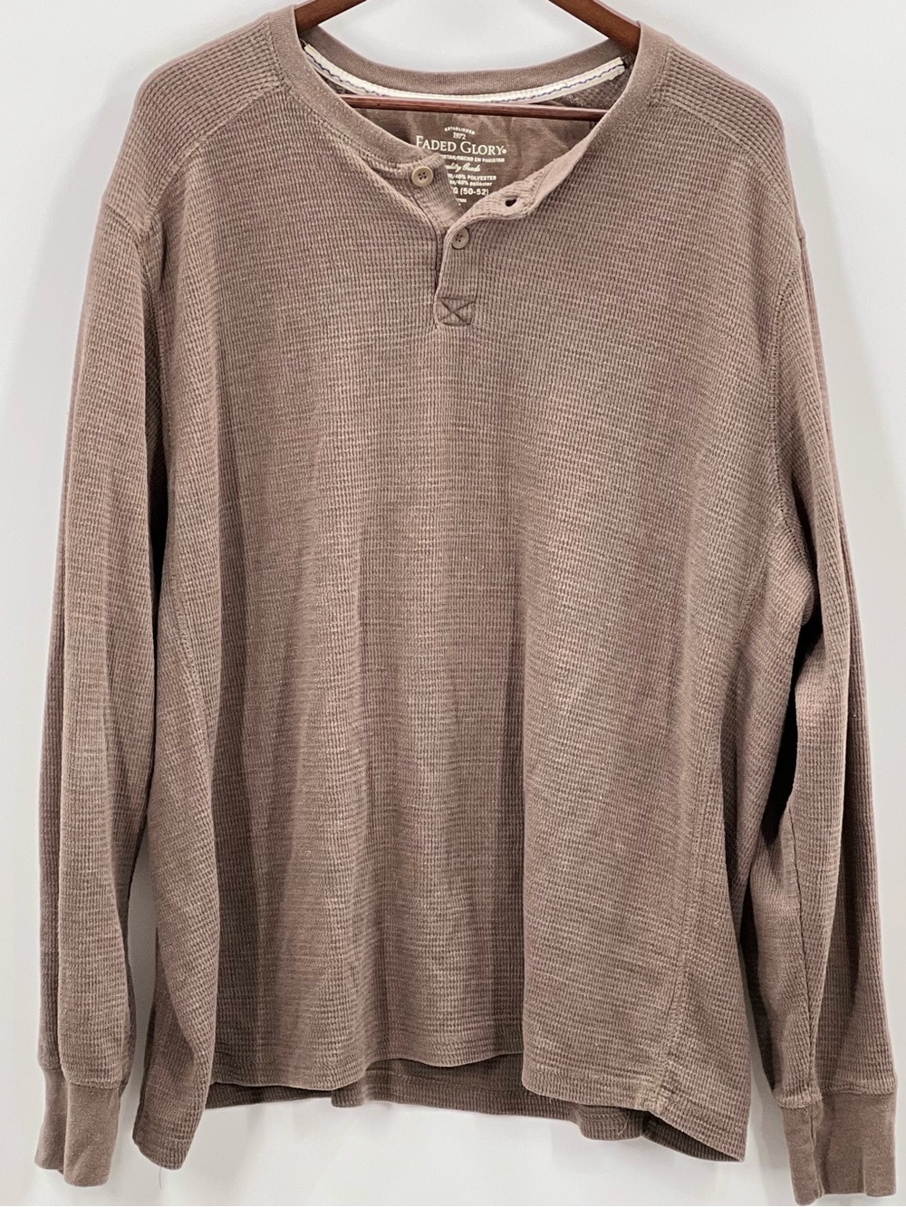 258 Faded Glory Men's Taupe Waffle Henley Long-Sleeve Shirt
